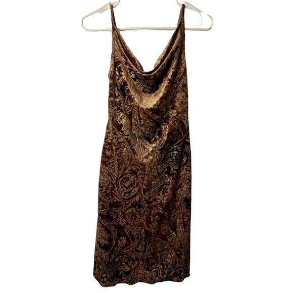 Vintage LaBelle Slip Dress Velvet Brown Paisley Cowl Neck Midi Evening Size S - Picture 3 of 9